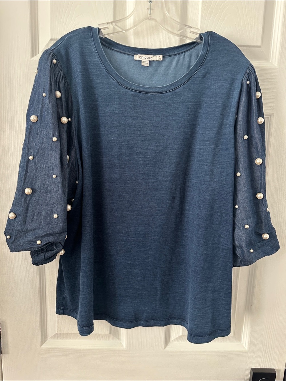 Chico's Navy Pearl-Accent Puff Sleeve Top worn once